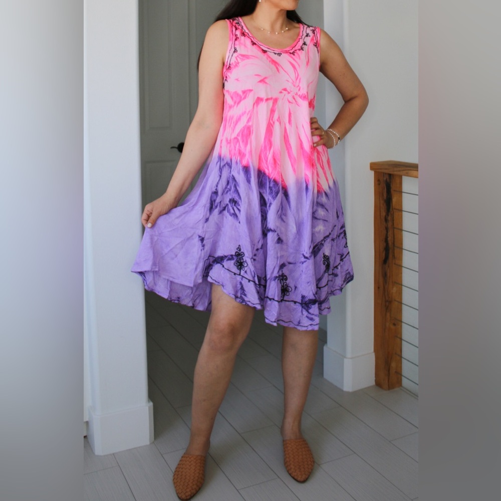 Tamsy Pink and Purple Embroidered Tie Dye Umbrella Dress One Size Brand New